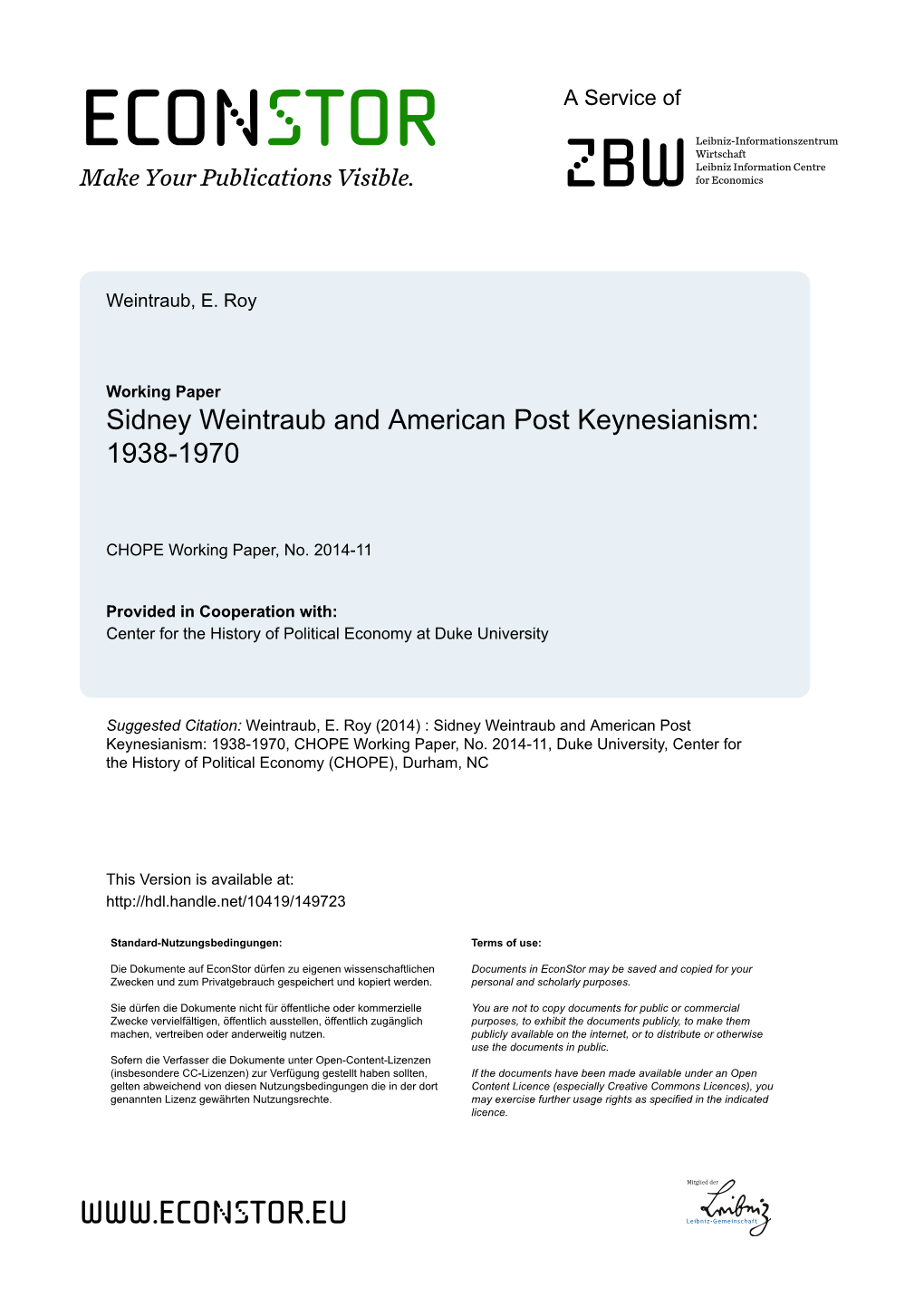 Sidney Weintraub and American Post Keynesianism: 1938-1970