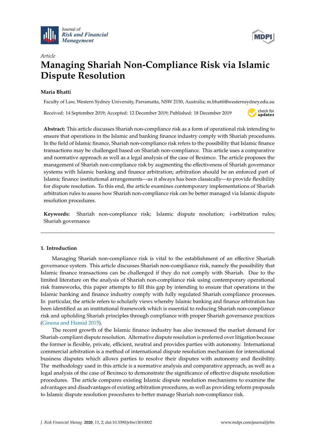 Managing Shariah Non-Compliance Risk Via Islamic Dispute Resolution