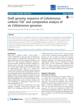 Cellulomonas Carbonis T26T and Comparative Analysis of Six Cellulomonas Genomes Weiping Zhuang, Shengzhe Zhang, Xian Xia and Gejiao Wang*