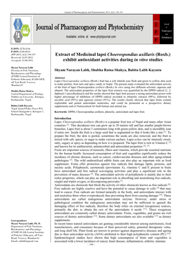 Extract of Medicinal Lapsi Choerospondias Axillaris (Roxb.) Received: 14-07-2015 Accepted: 15-08-2015 Exhibit Antioxidant Activities During in Vitro Studies