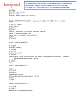 15/18/24 Liberal Arts and Sciences Political Science Francis G. Wilson Papers, 1912, 1923-70