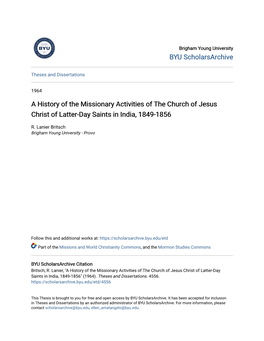 A History of the Missionary Activities of the Church of Jesus Christ of Latter-Day Saints in India, 1849-1856