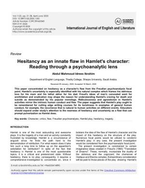 Hesitancy As an Innate Flaw in Hamlet's Character: Reading Through a Psychoanalytic Lens