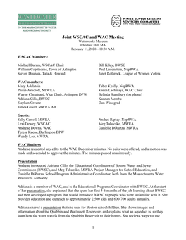 Joint WSCAC and WAC Meeting Waterworks Museum Chestnut Hill, MA February 11, 2020—10:30 A.M
