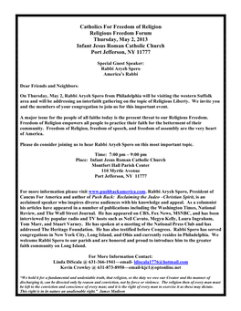Catholics for Freedom of Religion Religious Freedom Forum Thursday, May 2, 2013 Infant Jesus Roman Catholic Church Port Jefferson, NY 11777