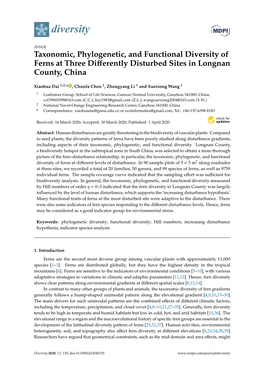 Taxonomic, Phylogenetic, and Functional Diversity of Ferns at Three Diﬀerently Disturbed Sites in Longnan County, China