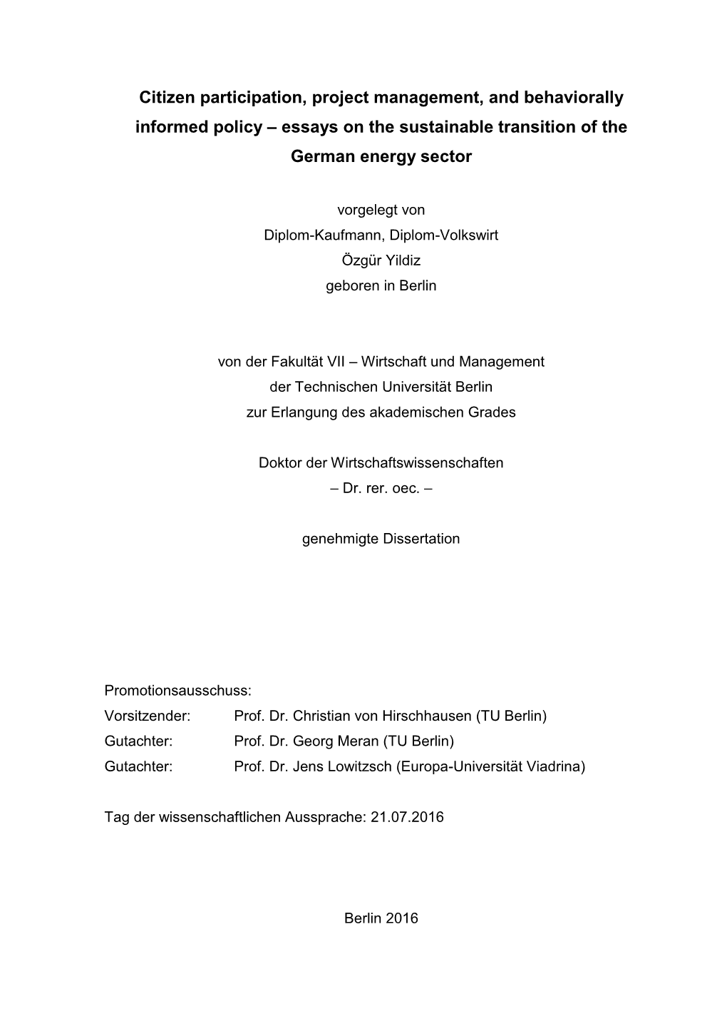 Essays on the Sustainable Transition of the German Energy Sector