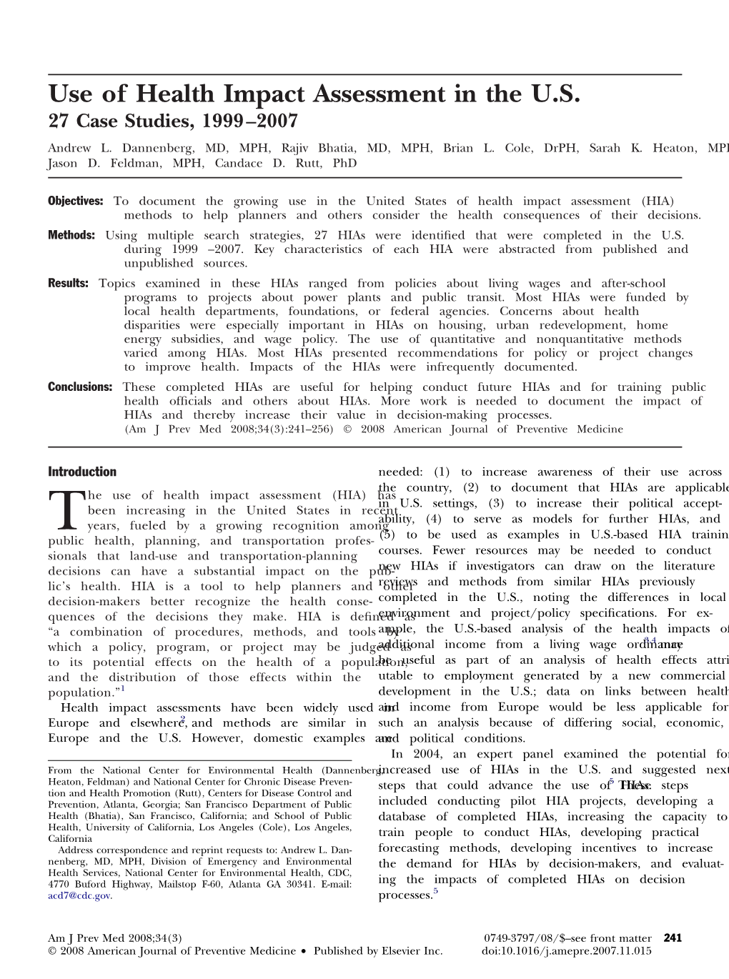 Use of Health Impact Assessment in the U.S. 27 Case Studies, 1999-2007