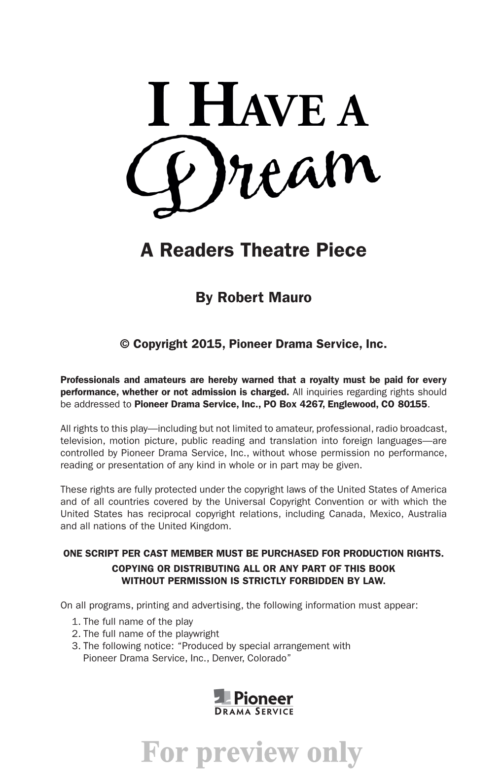 For Preview Only I HAVE a DREAM a Readers Theatre Piece