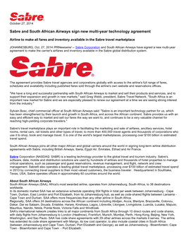 Sabre and South African Airways Sign New Multi-Year Technology Agreement