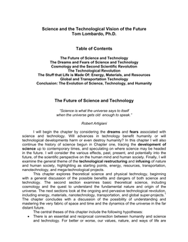 Science and the Technological Vision of the Future Tom Lombardo, Ph.D
