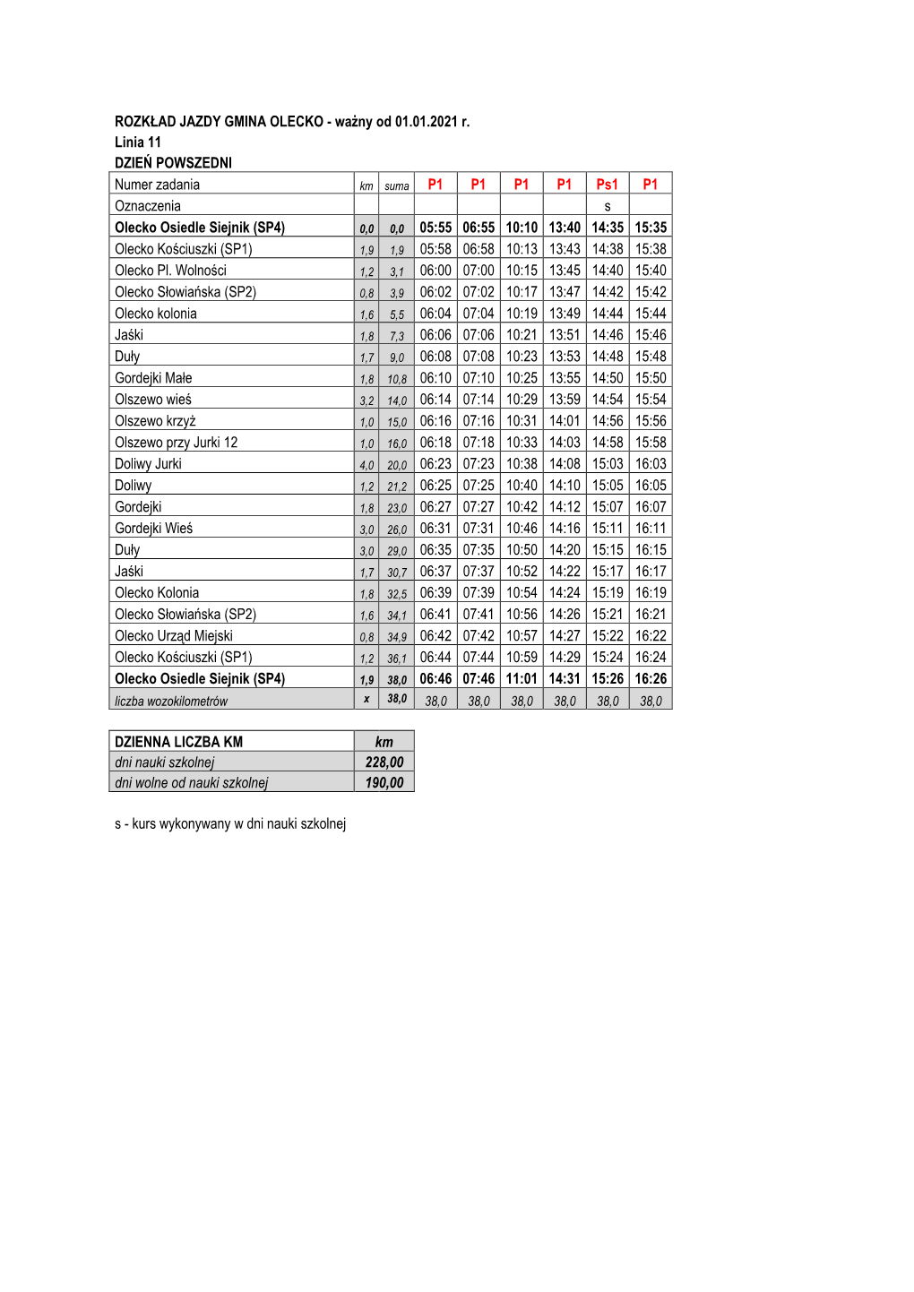 ROZKŁAD JAZDY GMINA OLECKO - Ważny Od 01.01.2021 R