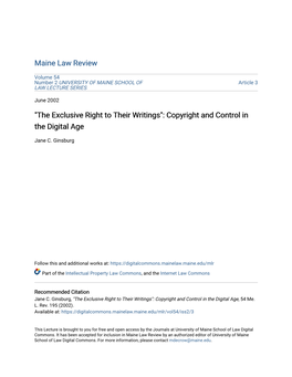 "The Exclusive Right to Their Writings": Copyright and Control in the Digital Age