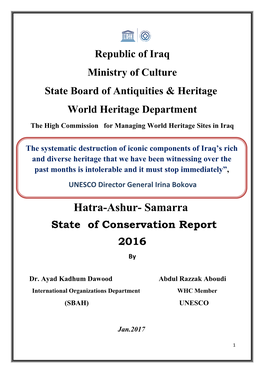 Hatra-Ashur- Samarra State of Conservation Report 2016 By