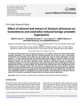 Effect of Ethanol Leaf Extract of Gnetum Africanum on Testosterone and Oestradiol Induced Benign Prostatic Hyperplasia