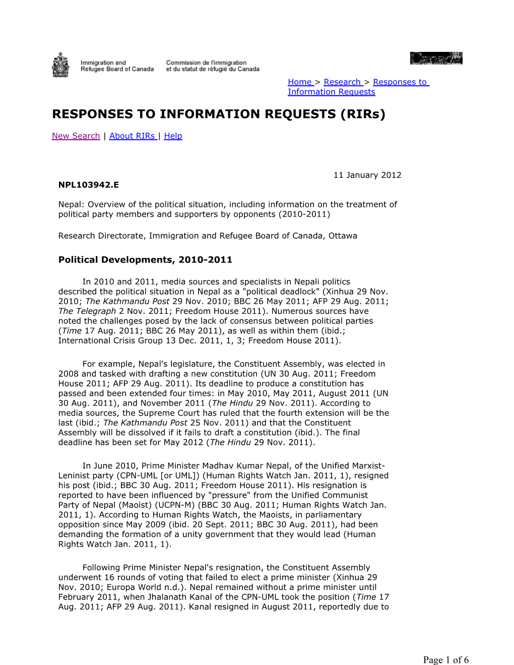 Nepal: Overview of the Political Situation, Including Information on the Treatment of Political Party Members and Supporters by Opponents (2010-2011)