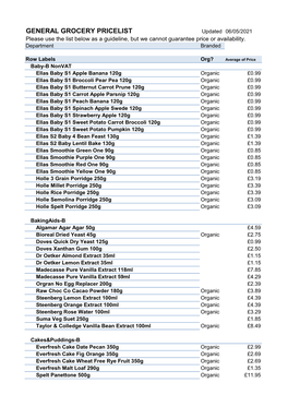 GENERAL GROCERY PRICELIST Updated 06/05/2021 Please Use the List Below As a Guideline, but We Cannot Guarantee Price Or Availability