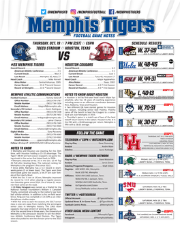Memphis Head Coach Mike Norvell Norvell at a Glance Mike Norvell Came to Memphis with an Ability to Devel- the First by a Memphis Player Since November of 1996