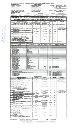 Call Sheet: ''Westworld'' Pilot Episode (S.1.Ep.1), 9-8-2014 (Day 15 of 21), Melody Ranch