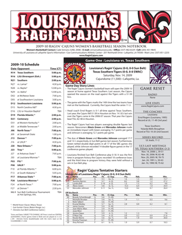2009-10 Schedule Ragin' Cajuns Tentative Starters GAME RESET