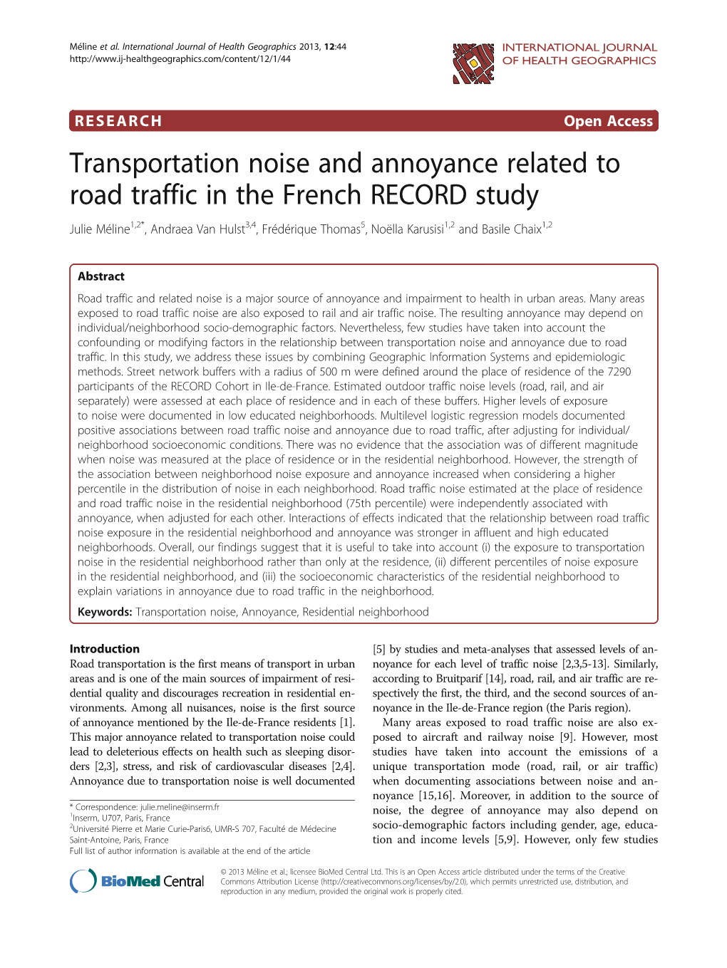 Transportation Noise and Annoyance Related to Road