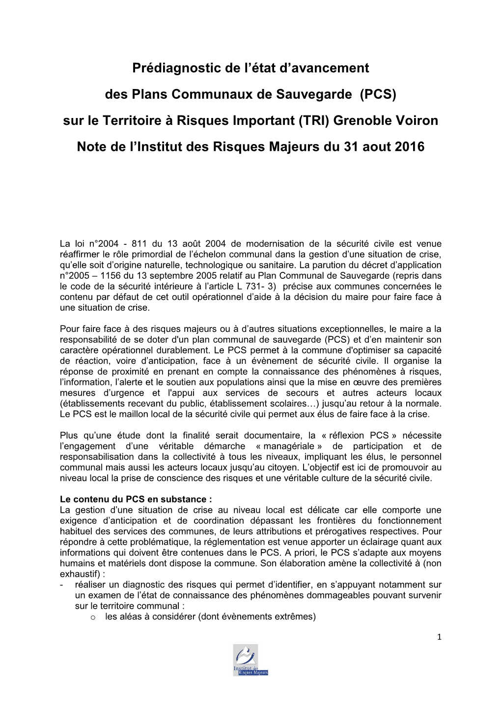 (PCS) Sur Le Territoire À Risques Important (TRI) Grenoble Voiron Note De L’Institut Des Risques Majeurs Du 31 Aout 2016