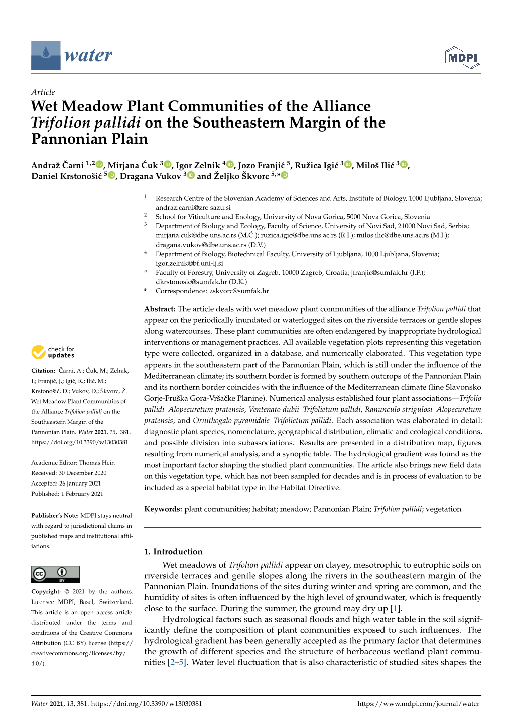 Wet Meadow Plant Communities of the Alliance Trifolion Pallidi on the Southeastern Margin of the Pannonian Plain