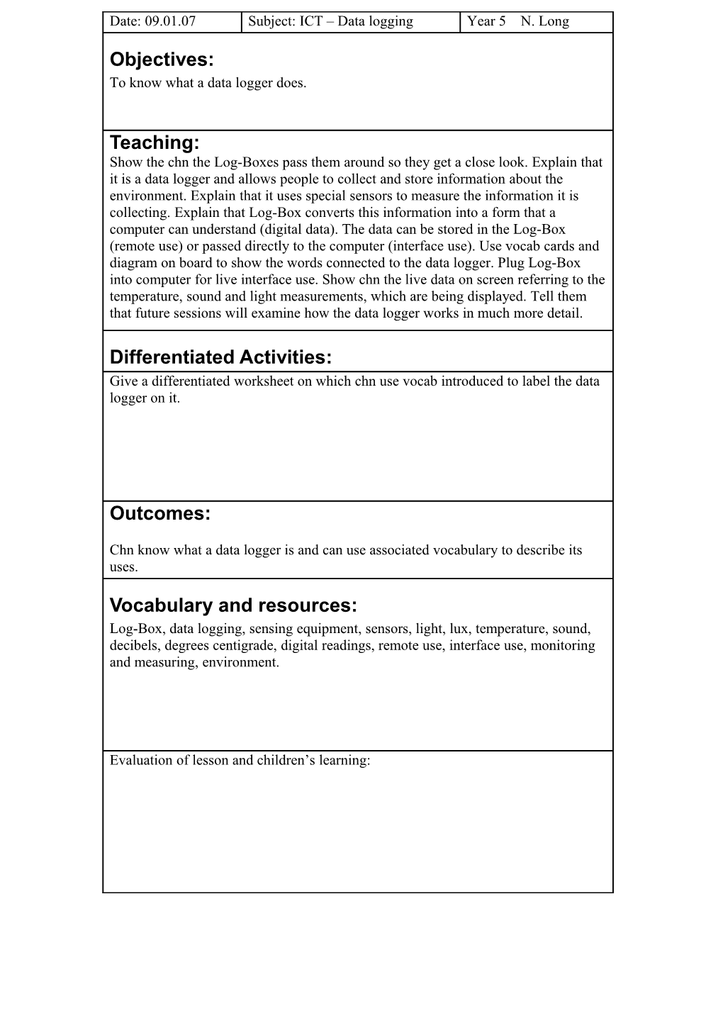 Subject: ICT Data Logging