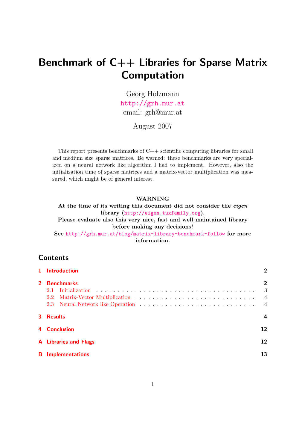 Benchmark of C++ Libraries for Sparse Matrix Computation