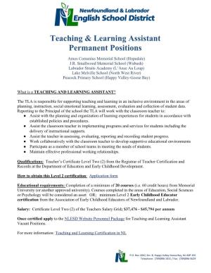 Teaching & Learning Assistant Permanent Positions