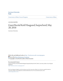 Guest Recital Ketil Haugsand, Harpsichord, May 20, 2016 Lawrence University