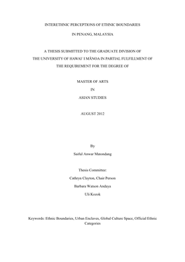 Interethnic Perceptions of Ethnic Boundaries in Penang Malaysia