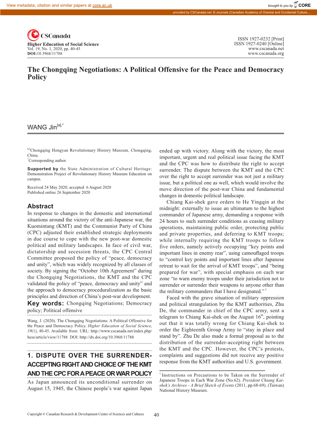 The Chongqing Negotiations: a Political Offensive for the Peace and Democracy Policy