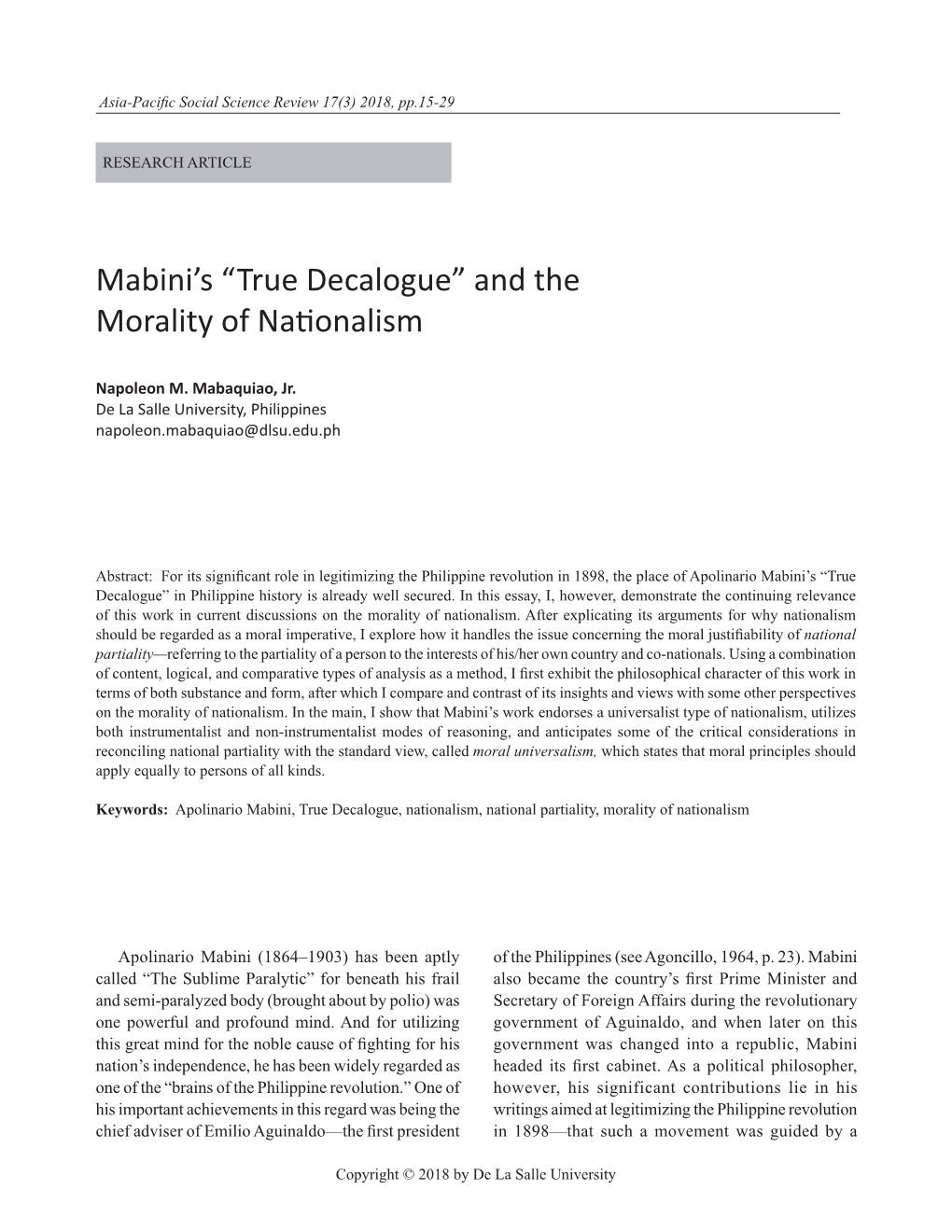 Mabini's “True Decalogue” and the Morality of Nationalism