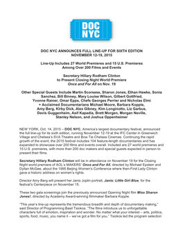 Doc Nyc Announces Full Line-Up for Sixth Edition November 12-19, 2015