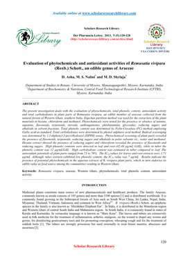 Evaluation of Phytochemicals and Antioxidant Activities of Remusatia Vivipara (Roxb.) Schott., an Edible Genus of Araceae