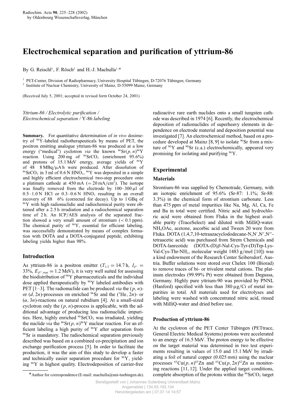 Electrochemical Separation and Purification of Yttrium-86