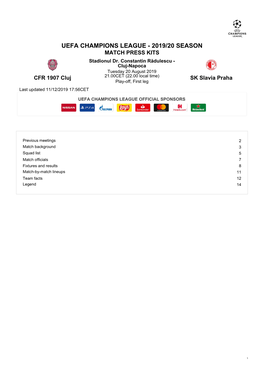 UEFA CHAMPIONS LEAGUE - 2019/20 SEASON MATCH PRESS KITS Stadionul Dr