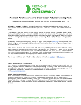 Piedmont Park Conservancy's Green Concert Returns Featuring Phish