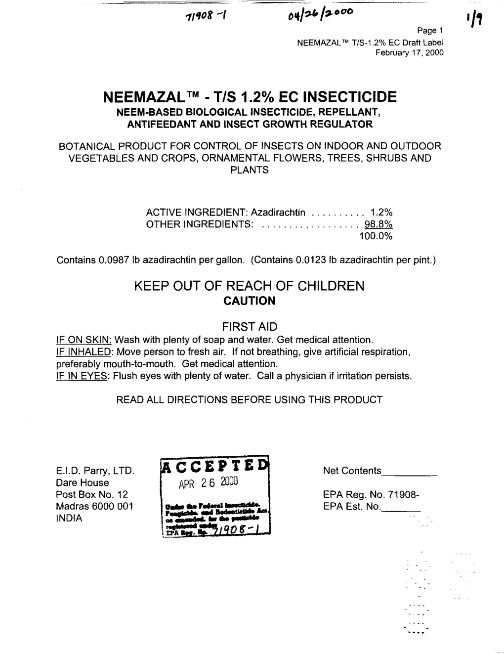 U.S. EPA, Pesticide Product Label, NEEMAZAL T/S 1.2%EC