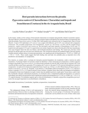 Host-Parasite Interactions Between the Piranha Pygocentrus Nattereri