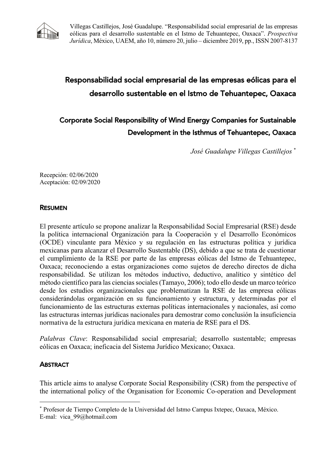 Responsabilidad Social Empresarial De Las Empresas Eólicas Para El Desarrollo Sustentable En El Istmo De Tehuantepec, Oaxaca”