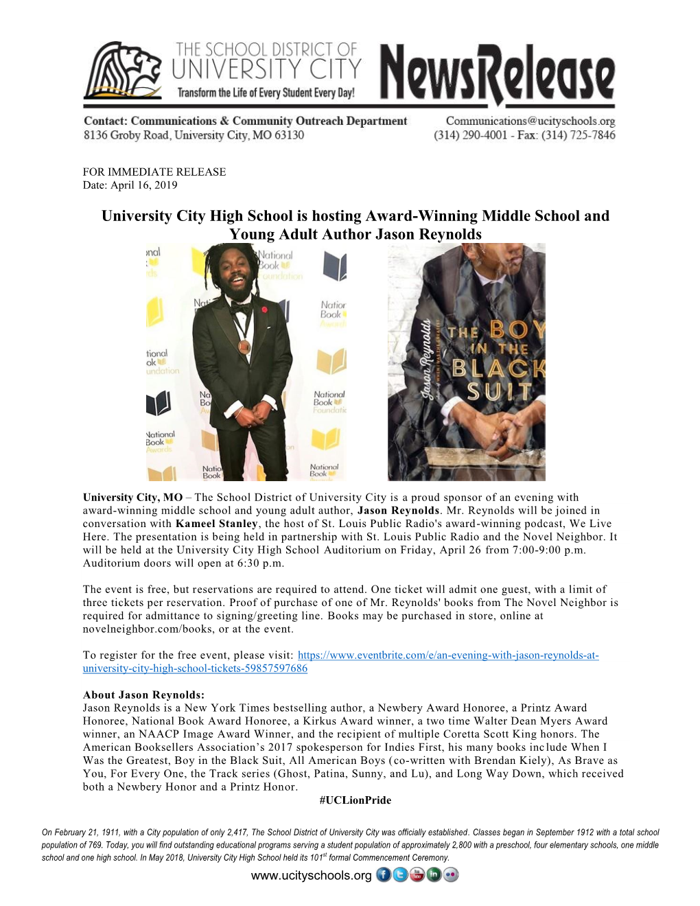 University City High School Is Hosting Award-Winning Middle School and Young Adult Author Jason Reynolds