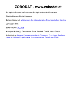 Genera Paraswammerdamia Friese and Eidophasia Stephens Recorded in Israel (Lepidoptera: Yponomeutoidae, Plutellidae) 85-88 Mitt