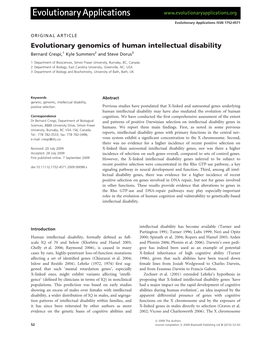 Evolutionary Genomics of Human Intellectual Disability Bernard Crespi,1 Kyle Summers2 and Steve Dorus3