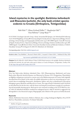 Barbitistes Kaltenbachi and Rhacocleis Buchichii, the Only Bush-Cricket Species Endemic to Croatia (Orthoptera, Tettigoniidae)