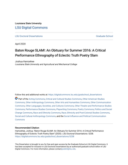 Baton Rouge SLAM!: an Obituary for Summer 2016: a Critical Performance Ethnography of Eclectic Truth Poetry Slam