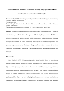 Overt Coordination in Additive Numerals of Minority Languages in South China