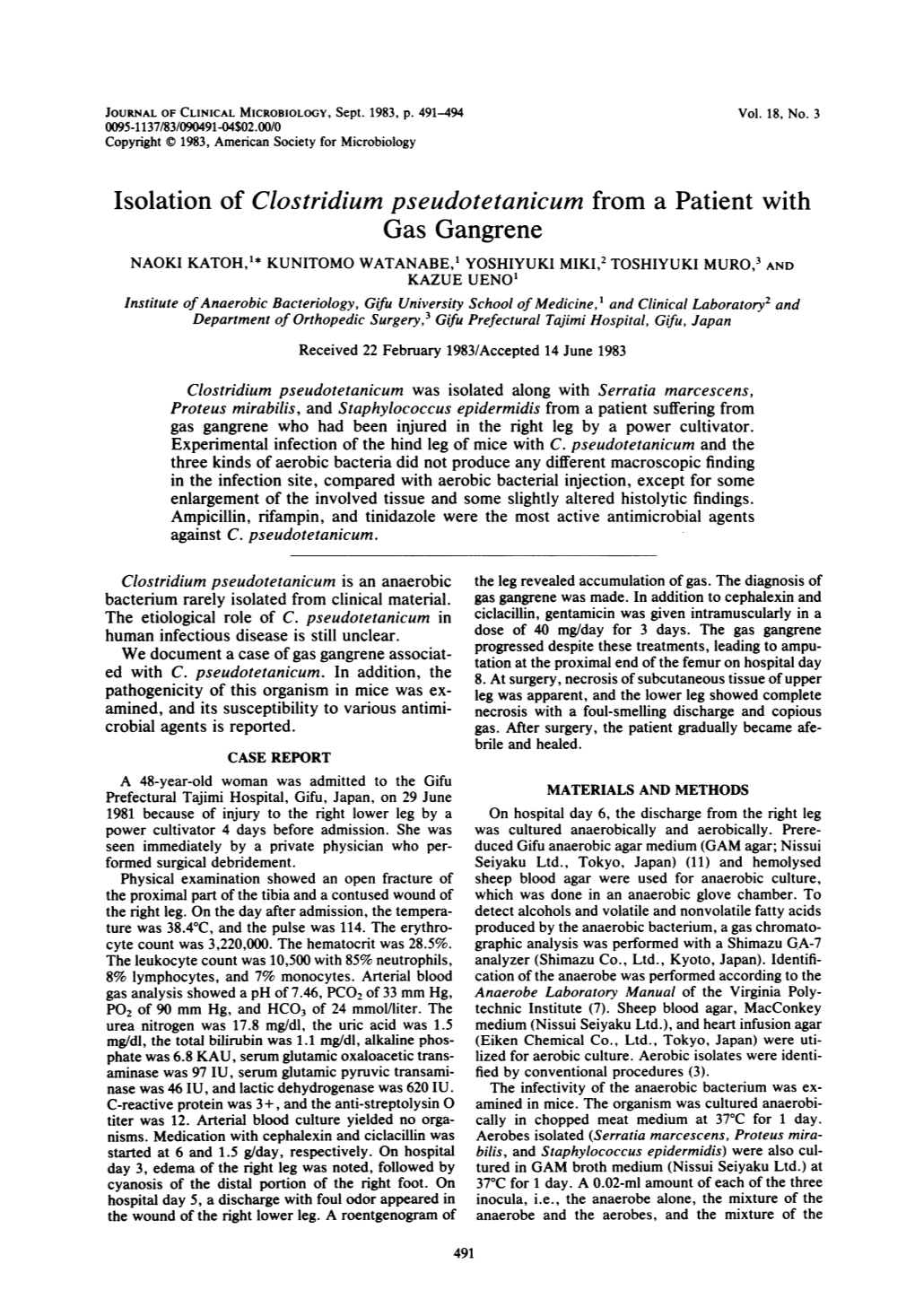 Isolation of Clostridium Pseudotetanicum from a Patient with Gas Gangrene