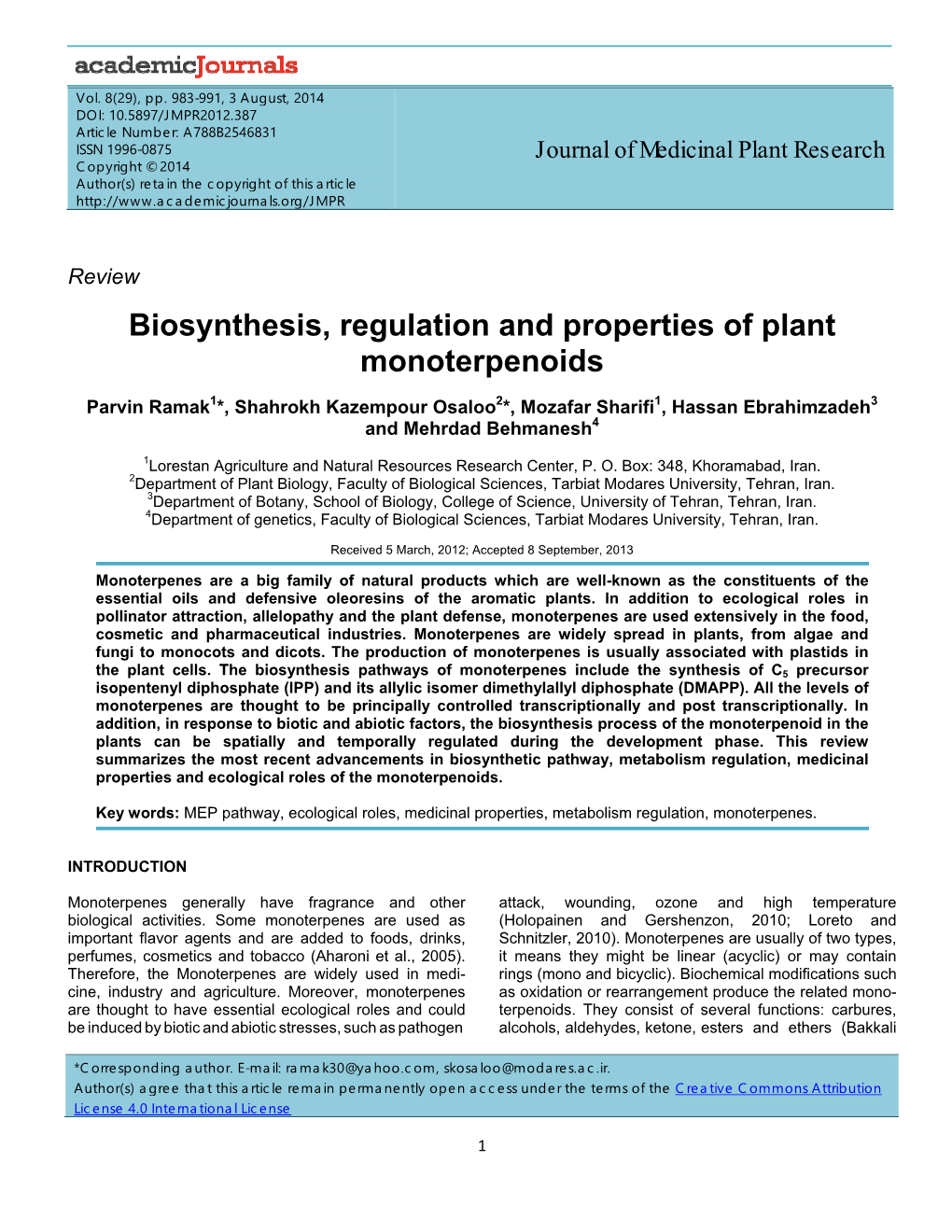 Biosynthesis, Regulation and Properties of Plant Monoterpenoids